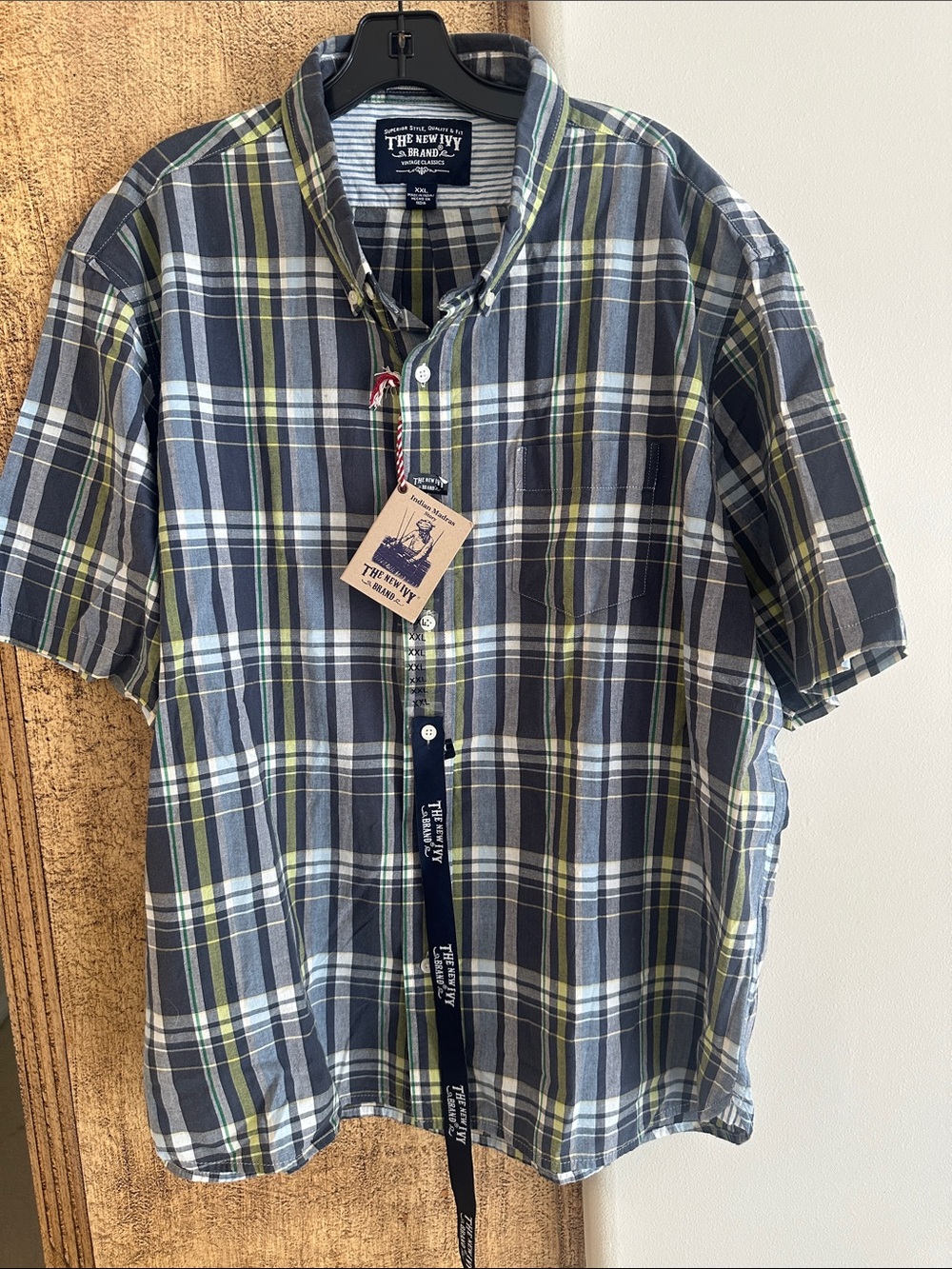 New with tag The New Ivy Brand men’s 2XL blue/green madras 100% cotton shirt